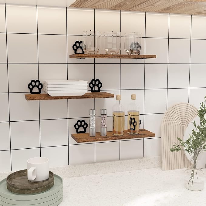 Lavezee Paw Prints Wall Decor Floating Shelves Set of 3, Cute Rustic Wooden Shelf Decorative Living Room, Bedroom, Bathroom, Log Cabin Shelving Wall Mounted