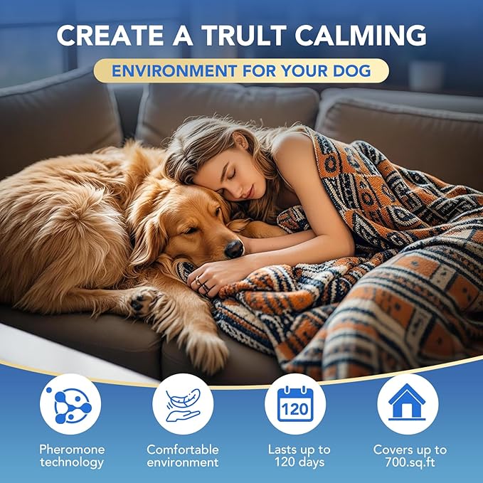 Adanced Dog Calming Diffuser, Calming Pheromones Diffuser Kit Appeasing Pheromone Diffuser to Calm (2Plug in+4Refill+Interactive GiftCard) for Anxiety Relief Reduce Aggression Fighting Barking Stress