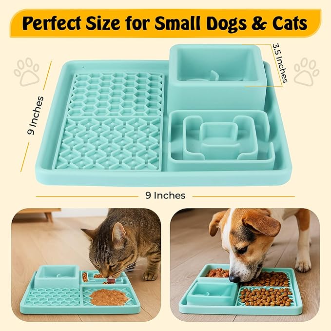Cat & Dog Lick Mat with Suction Cups - 2-in-1 Silicone Lick Pad & Puzzle Feeder - Pet Food Mat for Anxiety Relief & Boredom - BPA-Free & Dishwasher Safe - Turquoise