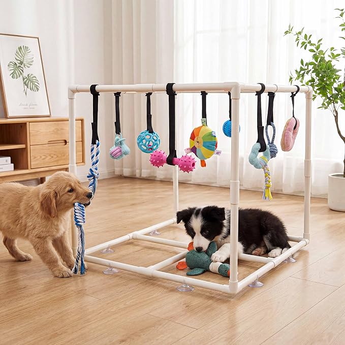 Puppy Play Gym with 15 Puppy Toys, Indoor Jungle Gym with Puppy chewingToys for Teething & Mental Stimulation, 23.2" Small Dog Play PVC Frame with Straps and Storage Bag