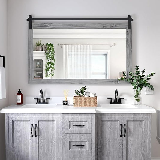 COGOOD Farmhouse Bathroom Mirror - 49 x 30 Large Rectangle Barn Door Mirror for Vanity, Bedroom, Living Room Wall Decor (Grey)