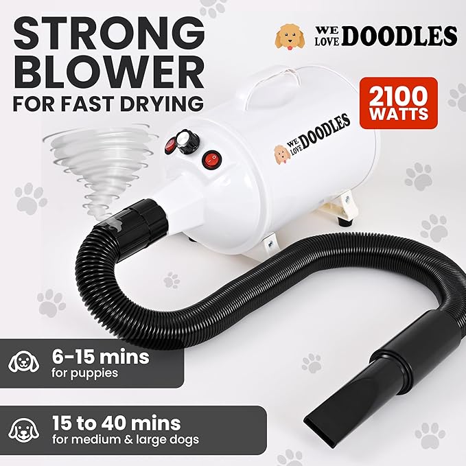We Love Doodles Dog Dryer with Adjustable Speed & Temperature Control - High Velocity Hair Dryer, Pet Blow Dryers for Dogs, Blow Dry Quickly & Blow Out Undercoat - Pet Grooming (White)