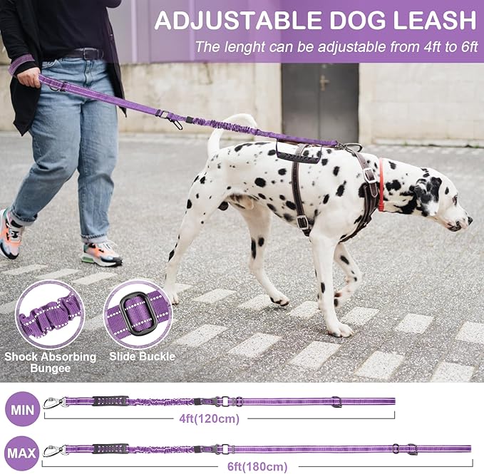 Heavy Duty Dog Leash for Medium Large Dogs That Pull,4-6FT Shock Absorbing Bungee Tactical Dog Leash with Control Padded Handle and Car Seatbelt, Reflective Lead for walking training,Purple