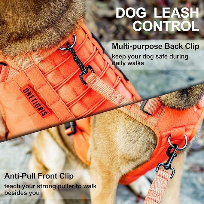OneTigris Dog Harness Vest with Handle, Military Dog Harness for Large Medium Dogs,FIRE Watcher 2.0 No-Pull Service Dog Vest,Adjustable Dog Vest Harness for Walking Hiking Training(L,Orange)