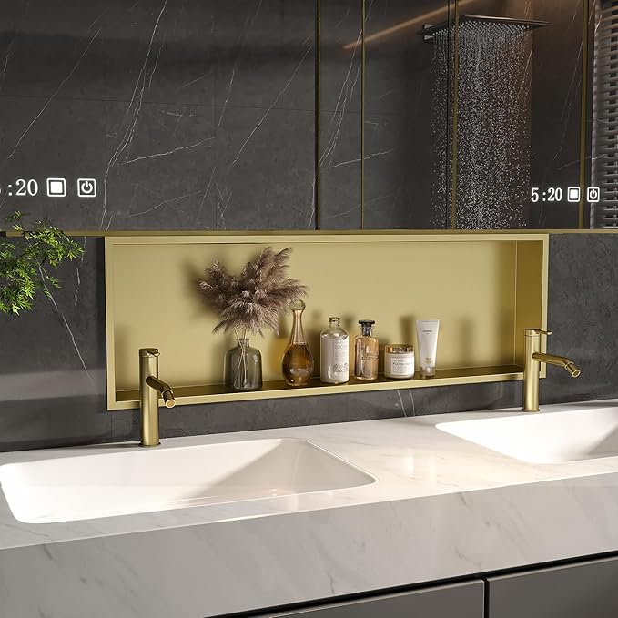 Neodrain Gold Shower Niche 36"x12", Stainless Steel NO Tile Needed Recessed Wall Niche for Bathroom Storage
