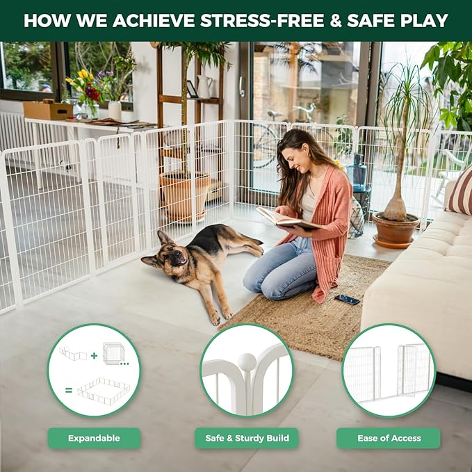 FXW Homeplus Unleashed Indoor Dog Playpen - Stress-Free and Safe Play, Heavy Duty 45 Inch 6 Panels Dog Pen for Large Dogs, White│Patented