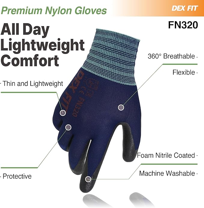DEX FIT Premium Nylon Work Gloves FN320 - Firm Nitrile Grip, 3D-Comfort Stretchy Fit, Thin & Lightweight, Protective & Durable, Breathable, Machine Washable; Navy 8 (M) 3 Pairs