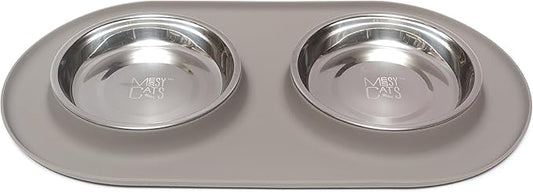 Messy Cats Double Silicone Feeder with Stainless Saucer Shaped Bowl | Anti-Slip Non-Skid Cat Food Bowls | Two Cat Bowls in Feeding/Water Station | 1.75 Cups per Bowl (Grey)