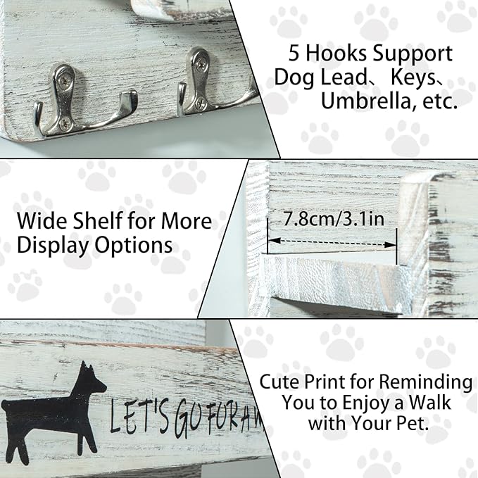Wood Dog Leash Holder for Wall, Key Hangers with 5 Double Key Hooks, Dog Leash Hanger Wall Mounted for Entryway, Farmhouse Treats,35cm,White