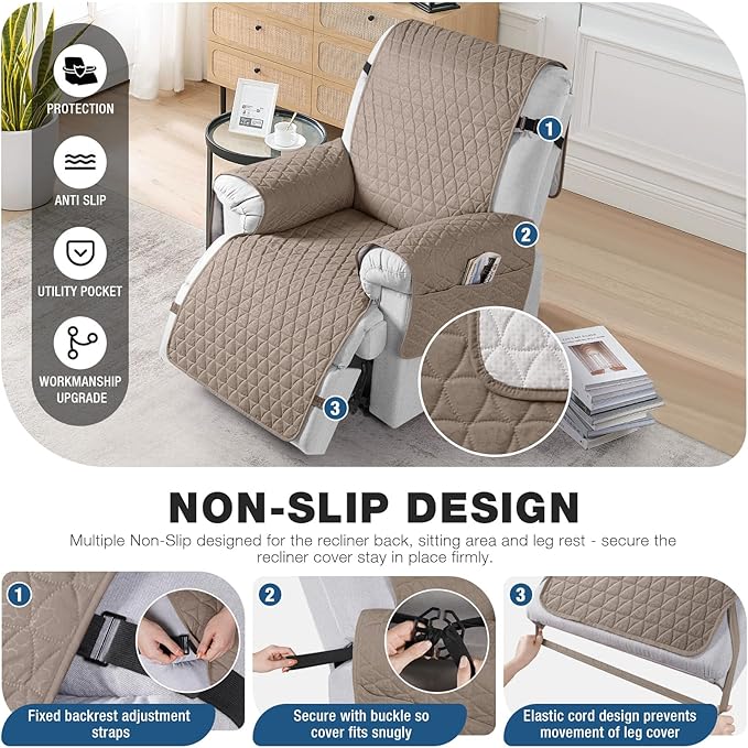 TAOCOCO 100% Waterproof Recliner Cover - Recliner Cover with Non-Slip Granule, Recliner Chair Covers with Elastic Band, Recliner Chair Covers for Reclining Chair(Taupe, Medium-25'')