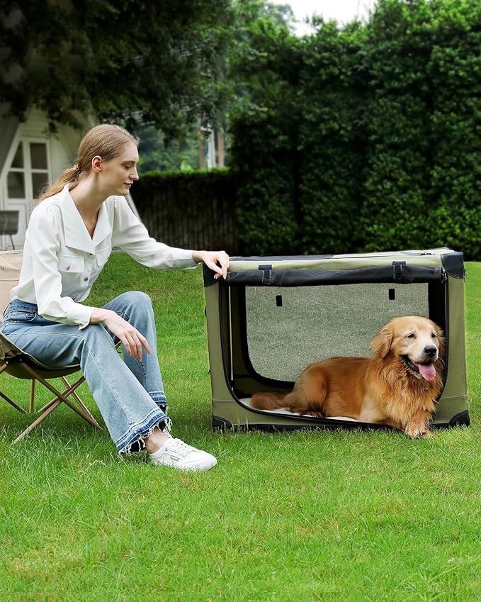 42-Inch Collapsible Travel Dog Crate, Portable 4-Door Soft Kennel for Medium to Large Dogs, Chew-Proof Mesh Windows, Indoor/Outdoor Use, Foldable, with Storage Bag (Green)