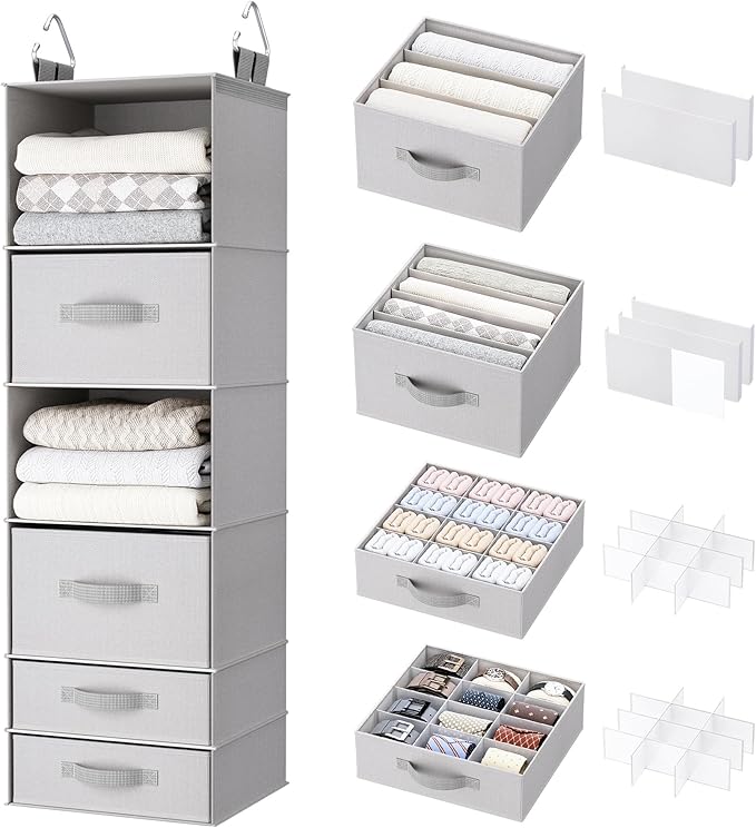 Hanging Closet Organizer with Storage Drawers, Made of 600D Thickened Oxford Cloth, Washable, Tear-Resistant, Strong Load-Bearing Without Deformation (Light Gray)