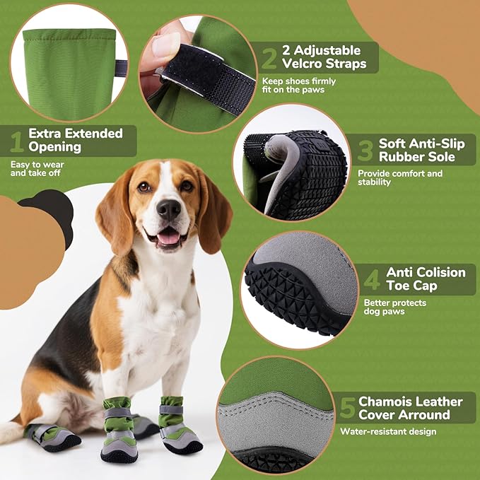 Winter Dog Snow Boots with Fleece Lining, Dog Shoes for Medium Large Size Dogs, Waterproof Dog Booties and Paw Protectors, Anti-Slip & Reflective Dog Shoes for Snow Outdoor, Hiking (Green-Size 5)