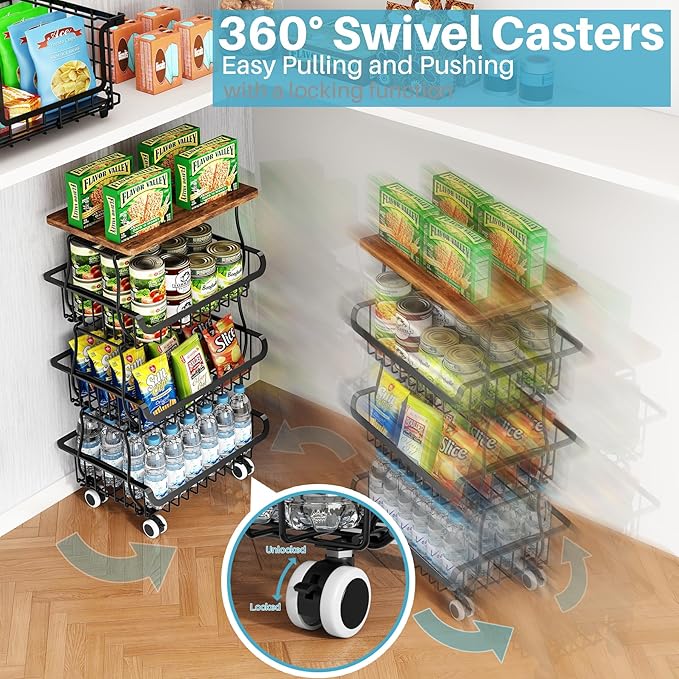 4 Tier Pantry Organizers and Storage Cart with Rolling Wheels, Stackable Metal Pantry Baskets for Pantry Shelves, Kitchen Fruit Basket Stand and Storage Rack for Snack Bottled Water Vegetable Bathroom