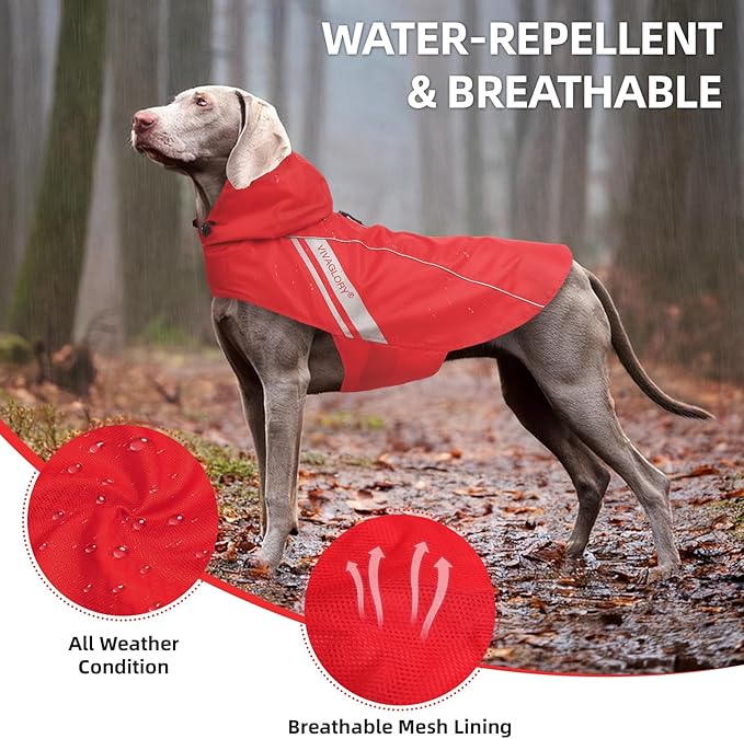 VIVAGLORY Wetoff Dog Raincoat, Rain Coat for Dog All Seasons Adventure, Rain Jacket with Harness Hole & Hood, Reflective Lightweight Waterproof for Doggy & Puppy, XS, Red