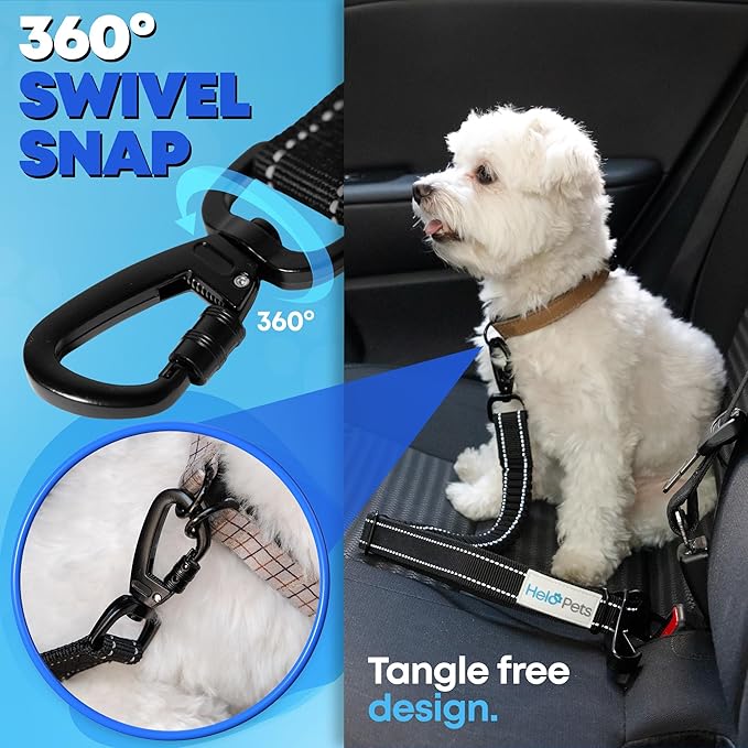 Dog Car Seat Belt 3-in-1 Adjustable Safety Seatbelt for Dogs in Car – Durable Extra Thick Nylon Webbing Bungee with Hook & Buckle Latch, Reflective Dog Harness (Black).