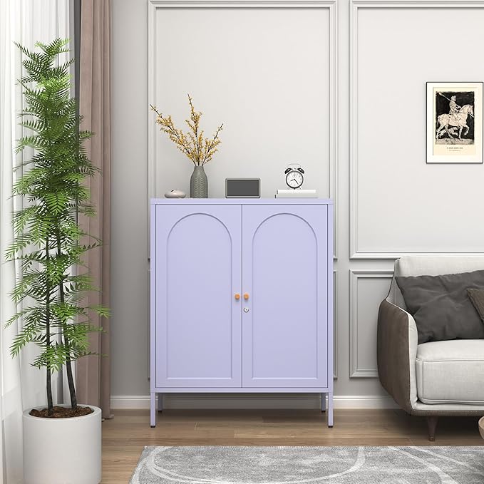 Metal Storage Cabinet with Lock, 2-Door Semi-Circular Steel Door, 2 Adjustable Shelves, Heavy Duty Secure Storage Unit for Home, Office, School, Purple 36" H X 31.5" W X 13.8" D