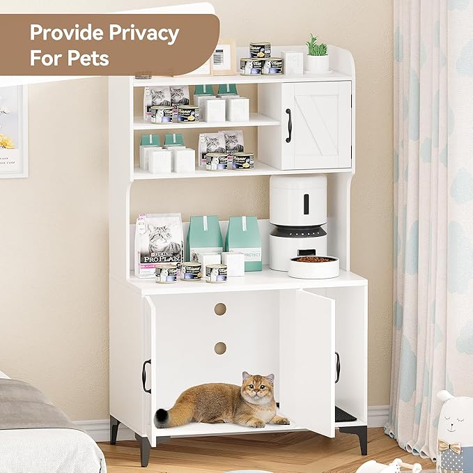 IDEALHOUSE Cat Litter Box Enclosure with Shelves and Doors,Wood Sturdy Hidden Litter Box Furniture,Indoor Cat House Furniture for Most of Litter Box,Litter Box Cabinet,White