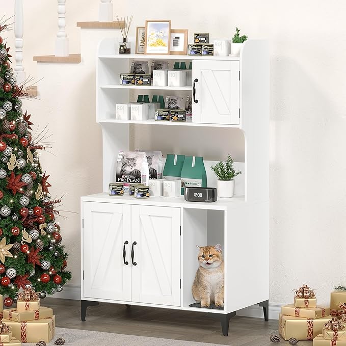 IDEALHOUSE Cat Litter Box Enclosure with Shelves and Doors,Wood Sturdy Hidden Litter Box Furniture,Indoor Cat House Furniture for Most of Litter Box,Litter Box Cabinet,White