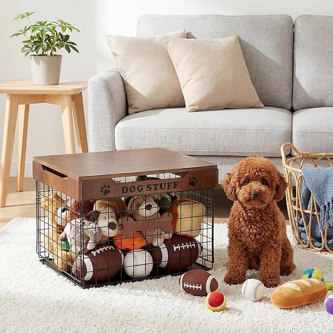 Dog Toy Bin Basket with Lid, 15.4'' Large Metal Dog Toy Storage Box with Bone Handle, Organizer Chew for Living Room, Farmhouse Food Storage Organizer for Leash Chew Blankets Clothes(Brown)