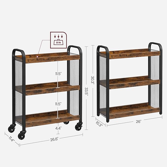 VASAGLE 3-Tier Narrow Storage Cart, Rolling Cart with Wheels, Steel Frame, Slim Storage Cart for Kitchen, Dining Room, Laundry Room, Adjustable Feet Included, Industrial Style, Rustic Brown and Black