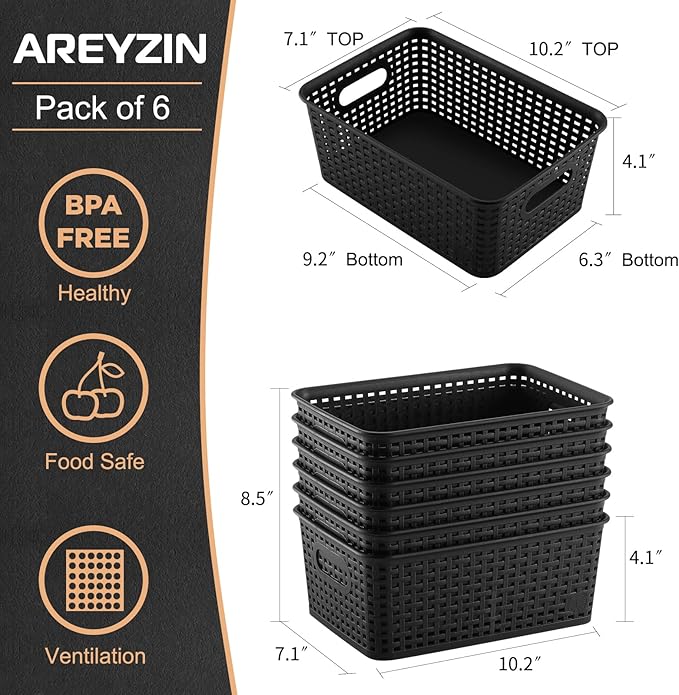 AREYZIN 12 Pack Bundles Plastic Storage Baskets Including Set of 6 Durable Small Organizer Bins Storage Baskets
