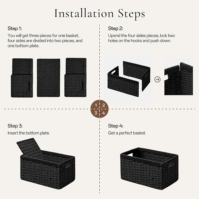 joybest Black Shelf Storage Wicker Baskets, 4-Pack Woven Paper Rope Baskets for Organizing, Foldable Rectangular Bin with Handles for Pantry, 13.4L x 8.3W x 7.1H Inch