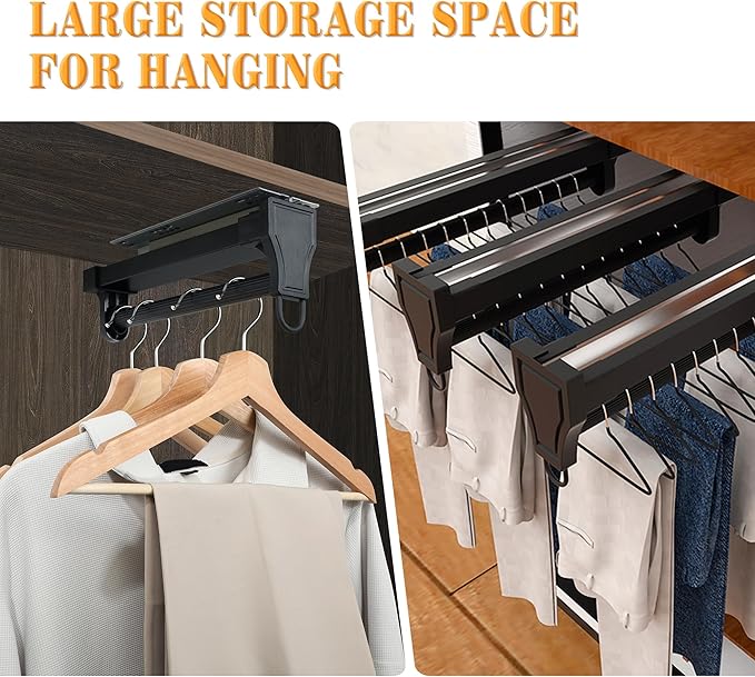 Alise Pull Out Clothes Hanger Rack for Closet,14 inch Heavy Duty Closet Rod with Automatic Soft-Close Mechanism for Closets,Closet Pull Out Metal Rod Organizer Hangers for Coats Pants Hangers,Black