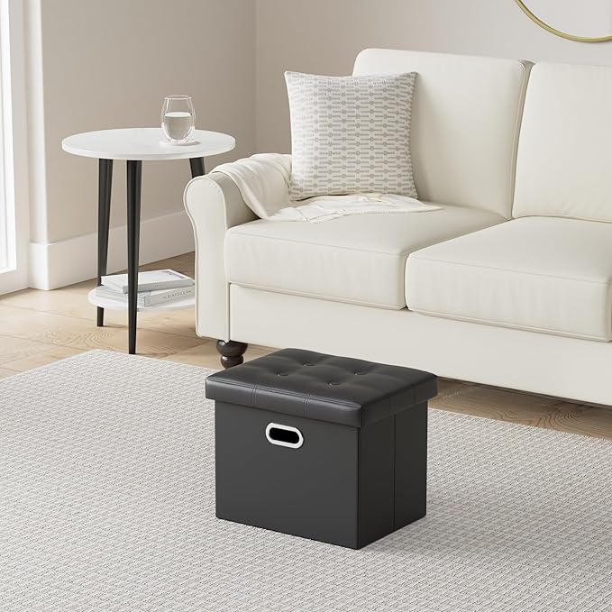 COSYLAND Ottoman with Storage Folding Leather Ottoman Footrest Foot Stool Black Ottoman for Room Small Rectangle Collapsible Bench Furniture with Handles Lid Toy Chest 17x13x13in