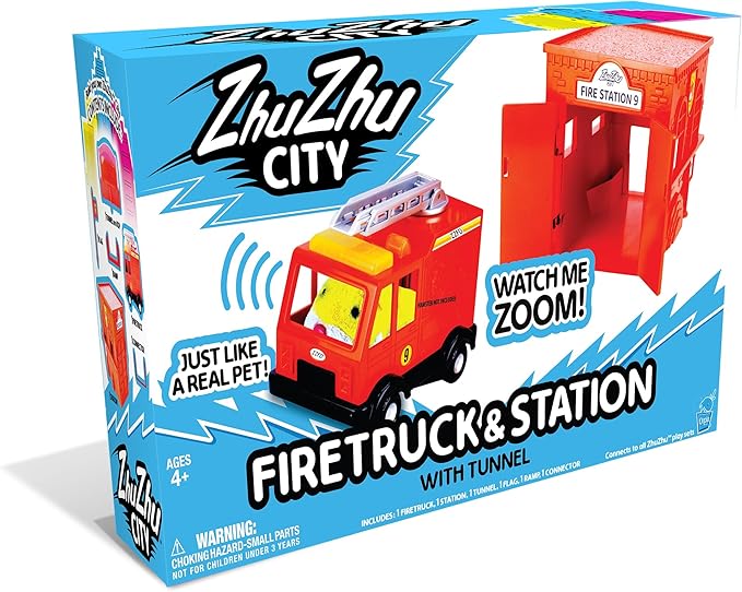 ZhuZhu City Fire Truck & Fire Station Toy with Electronic Hamster Chunk – Interactive Pet with 40+ Sounds & Sirens – Pets Without The Mess – Gift for Kids Ages 4+