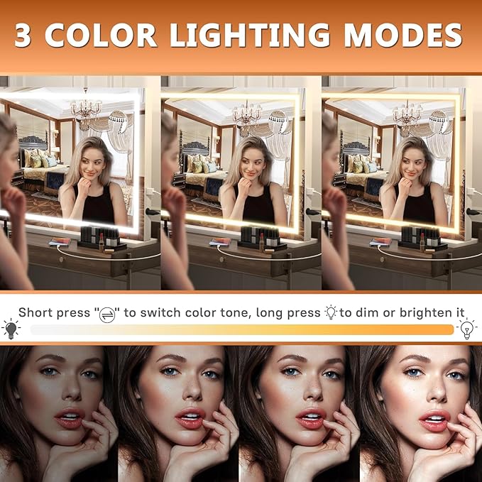Hasipu Vanity Mirror with Lights, 32" x 24" LED Makeup Mirror, Lighted Makeup Mirror with Dimmable 3 Modes, Touch Screen Control Vanity Mirror Square White