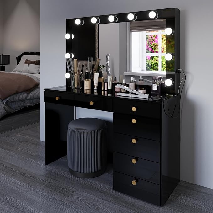 Boahaus Serena White Makeup Vanity with Mirror and 11 Lights, 7 Drawers, Glass Top, Crystal Knobs, USB-A & USB-C Ports, 110V Power Outlet, Bedroom Vanity Desk (Black)