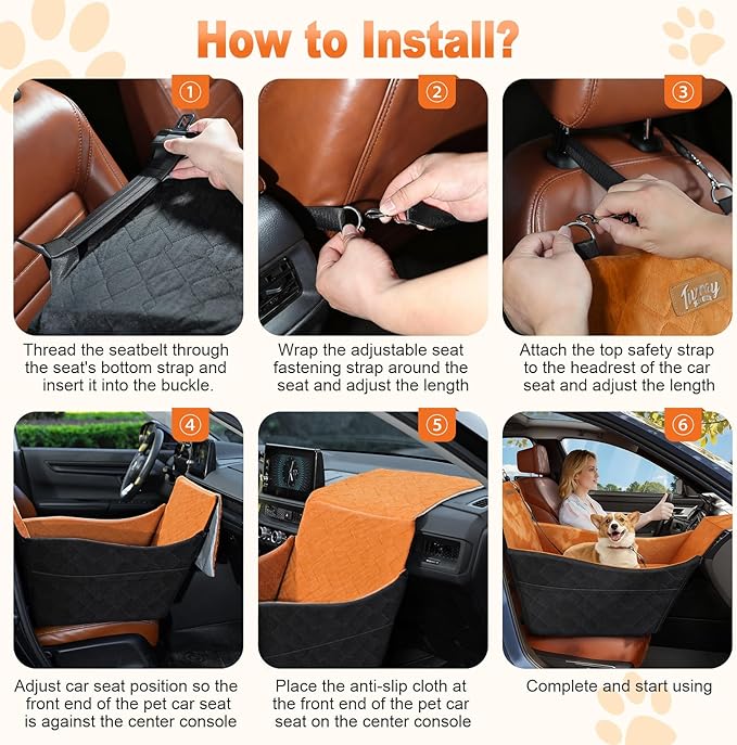 Elevated Dog Car Seat, Dog Booster Car Seats for Small & Medium Breeds Up to 35lbs, Fully Detachable and Washable, Memory Foam Pet Carseat with 2 Storage Pockets & 3 Safety Belts, Black + Brown