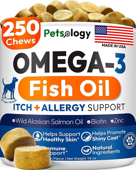 Omega 3 for Dogs - 250 Fish Oil Chews for Dog Shedding, Allergy & Itch Relief, Hot Spot Treatment - Advanced Skin & Coat Supplement - Joint Health - EPA & DHA Fatty Acids - Salmon Oil & Probiotics