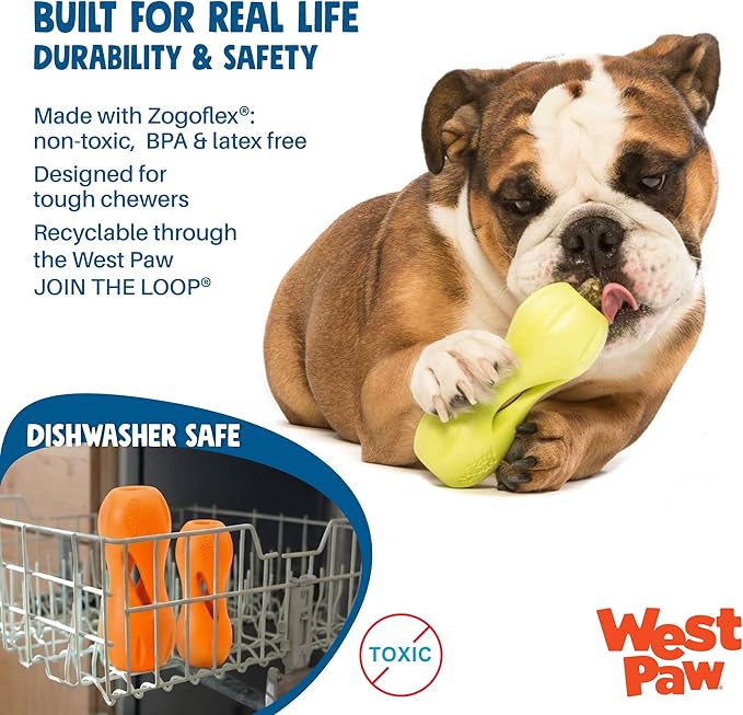 West Paw Qwizl Durable Zogoflex Dog Puzzle Toy for Mental Stimulation, and Enrichment - Treat Dispensing for Bully Sticks and Dental Sticks - Dishwasher Safe - Made in USA - Small - Clover