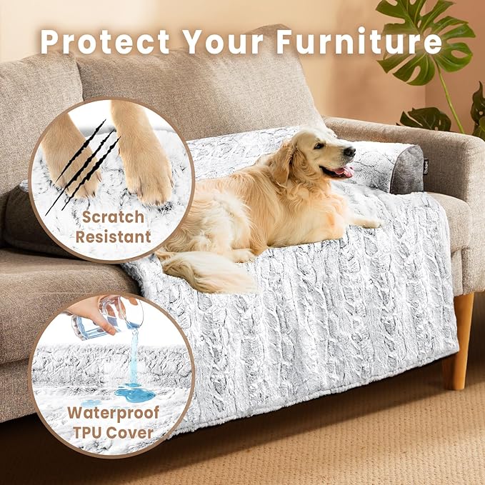 Calming Extra Large Dog Bed for Couch, 45 x 37 inch Removable Couch Cover for Dogs Washable, Non-Slip Fluffy Plush Dog Sofa Mat for Furniture Protector - Grey