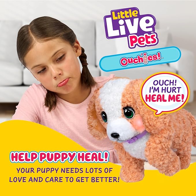 Little Live Pets Ouchies Amazon Exclusive Hazel The Poodle Plush, 50+ Sounds, Limping to Walking Puppy Toy Stuffed Animal & Carrier, Interactive Toy Dog for Kids 5+