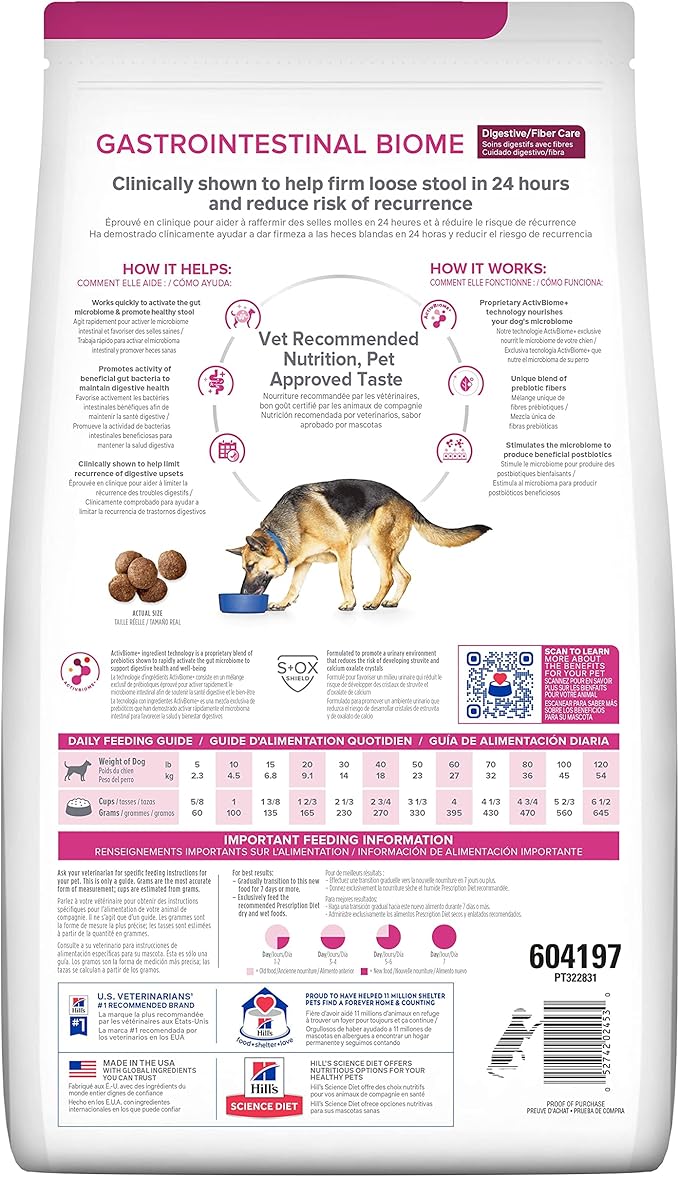 Hill's Prescription Diet Gastrointestinal Biome Digestive/Fiber Care Dry Dog Food, Chicken, 27.5 lb. Bag