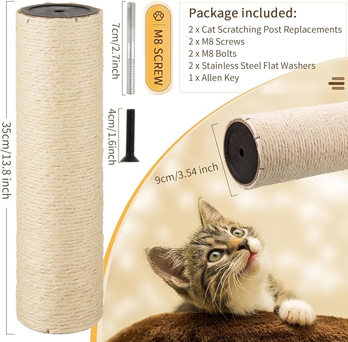 2 Root Cat Scratching Post Replacement 13.78x3.54 Cat Tree Scratch Post Replacement Natural Sisal Pole Cat Scratch Post Refill Pole Part with M8 Screws for Kitten Tree Tower Cat Furniture Accessories