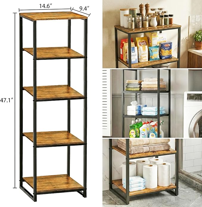 5-Tier Bathroom Shelving Unit, 47" H Narrow Open Floor Shelves, Metal Corner Slim Storage Rack for Bathroom Laundry Room Kitchen Living Room, Rustic Brown