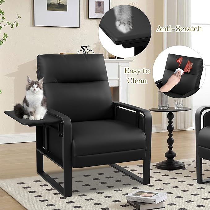 Modern Black Accent Chair PU Leather Upholstered Armchair with Tray Table for Bedroom Living Room Chairs Office Chair