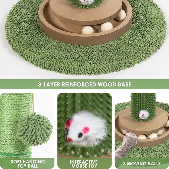 Heavy Duty Cactus Cat Scratching Post 41.5 Inch Tall for Indoor Cats, Natural Sisal Scratcher with Interactive Ball Toy & Cat Grooming Brush, Protector for Kittens & Large Cats