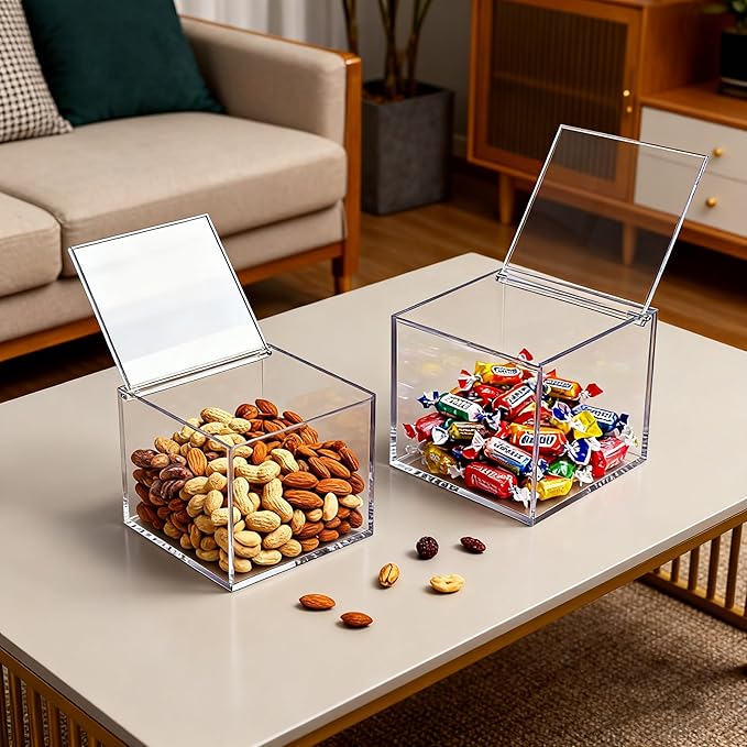 Acrylic Box with Hinge Lid, Clear Cube Display Case,Acrylic Square Container for Holding Staples, Highlighters, Adhesive Tape, Paper Clips, Stamps, Display in Office or Home