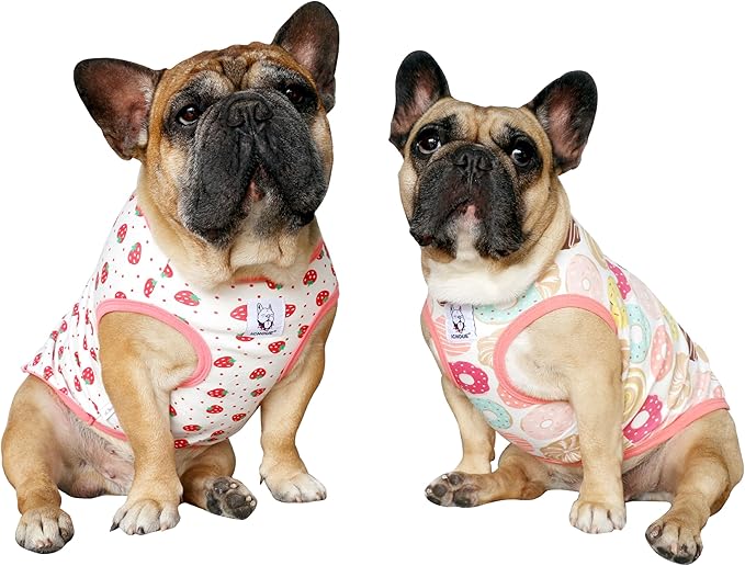 iChoue 2pcs French Bulldog Fruits Pattern Shirts 100% Breathable Cotton Tank Tops Vests Clothes for Frenchie Dogs, Donuts and Strawberry, Large