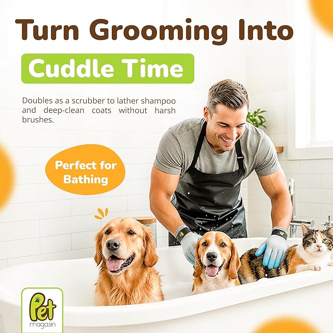 PET MAGASIN® Durable Gentle Dog Washing Gloves (1-Pair) - Premium Pet Grooming Gloves for Dogs, Cats & Horses | Dog Scrubber for Bath | Cat Hair Remover Glove | Bathing Brush (Blue, Large)