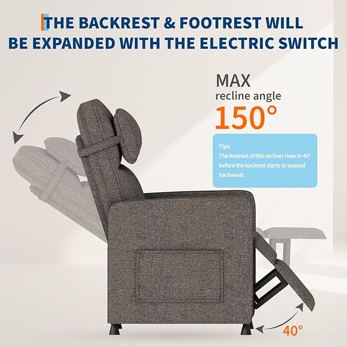 GarveeHome Electric Recliner Chair Living Room Power Recliner Adjustable Backrest & Footrest with Side Pockets & Charging Ports & Lumbar Support(Brown)