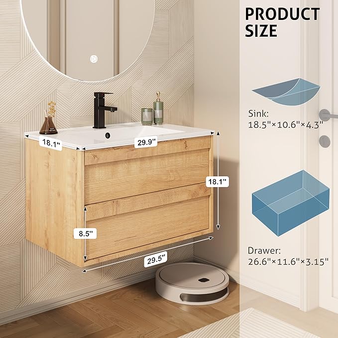 eclife 30" Floating Bathroom Vanity Sink Combo, Wall Mounted Modern Minimalist Storage Cabinet with 2 Drawers, Include Sink, Faucet & Drain, Natural
