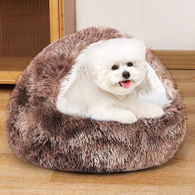 NOYAL Round Hooded Donut Dog Bed for Small & Medium Pets - Plush Fluffy Anti-Anxiety Cat Cave Bed with Cover