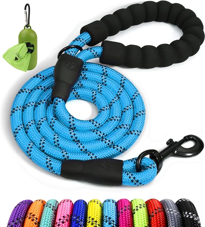 Taglory Rope Dog Leash 6 FT with Comfortable Padded Handle, Highly Reflective Threads Leash for Medium Large Dogs, 1/2 inch, Blue