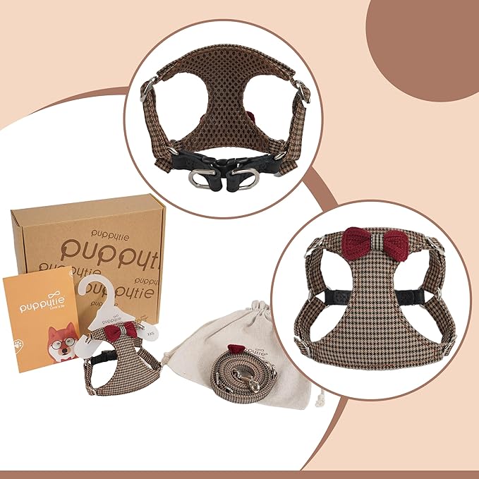 Puppytie No Pull Small Dog Harness with Multifunction Dog Leash,Lightweight Soft Adjustable No Choke Escape Proof Pet Harness Vest Pet Harness Vest,Knitted Brown,S